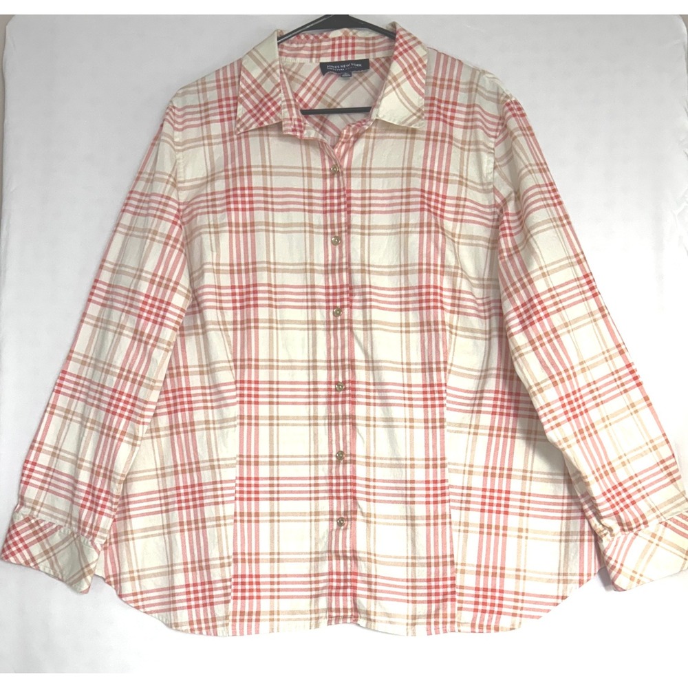 Jones New York Signature Woman 3X Orange Plaid Cotton Button Down Shirt LS